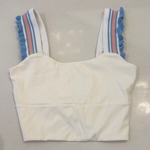 XS Like Never Better White Crop Top with Blue and Peach Striped Straps